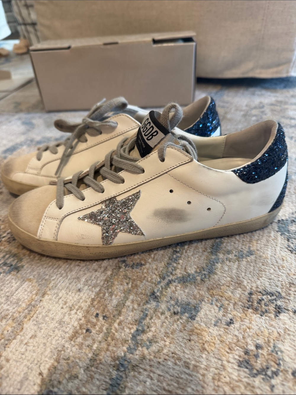 Golden Goose Kids White Sneakers with Silver Glitter Star & Navy Heel
